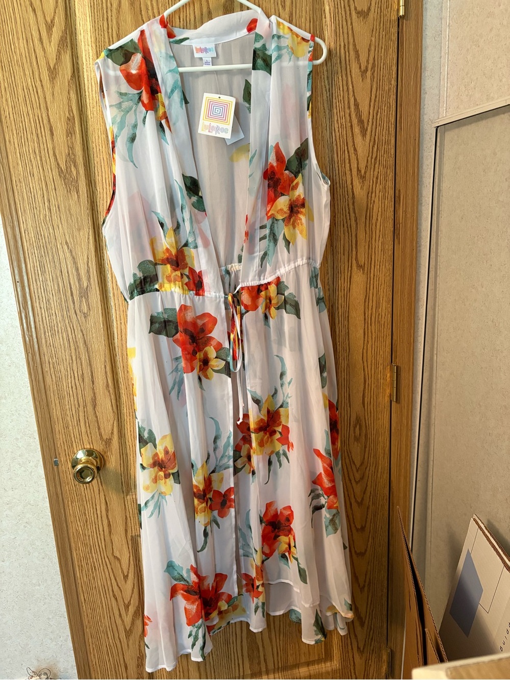 LuLaRoe White Floral Sheer Duster with Colorful Blooms